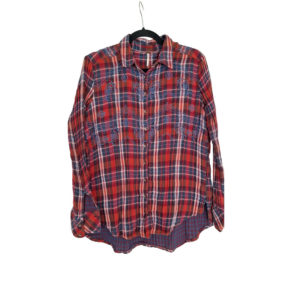 Free People Red Blue Embroidered Plaid Button Down Gauze Shirt Small